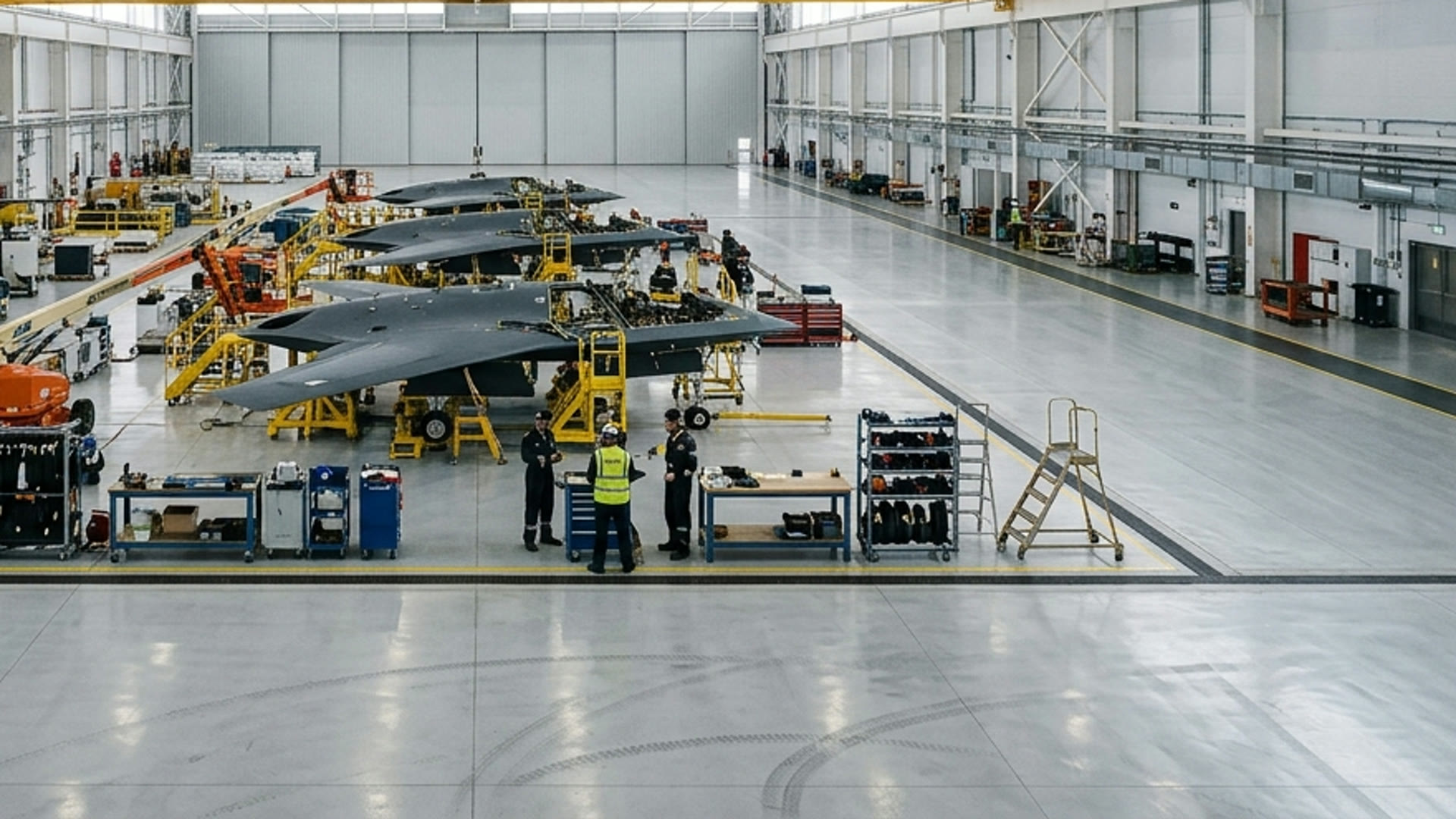 Concept rendering of the WRAITH final assembly line at FORGE-1: twelve stations of cranked-delta airframes with twin canted tail fins in production jigs, technicians at station platforms, DataMatrix marks on every major structure.