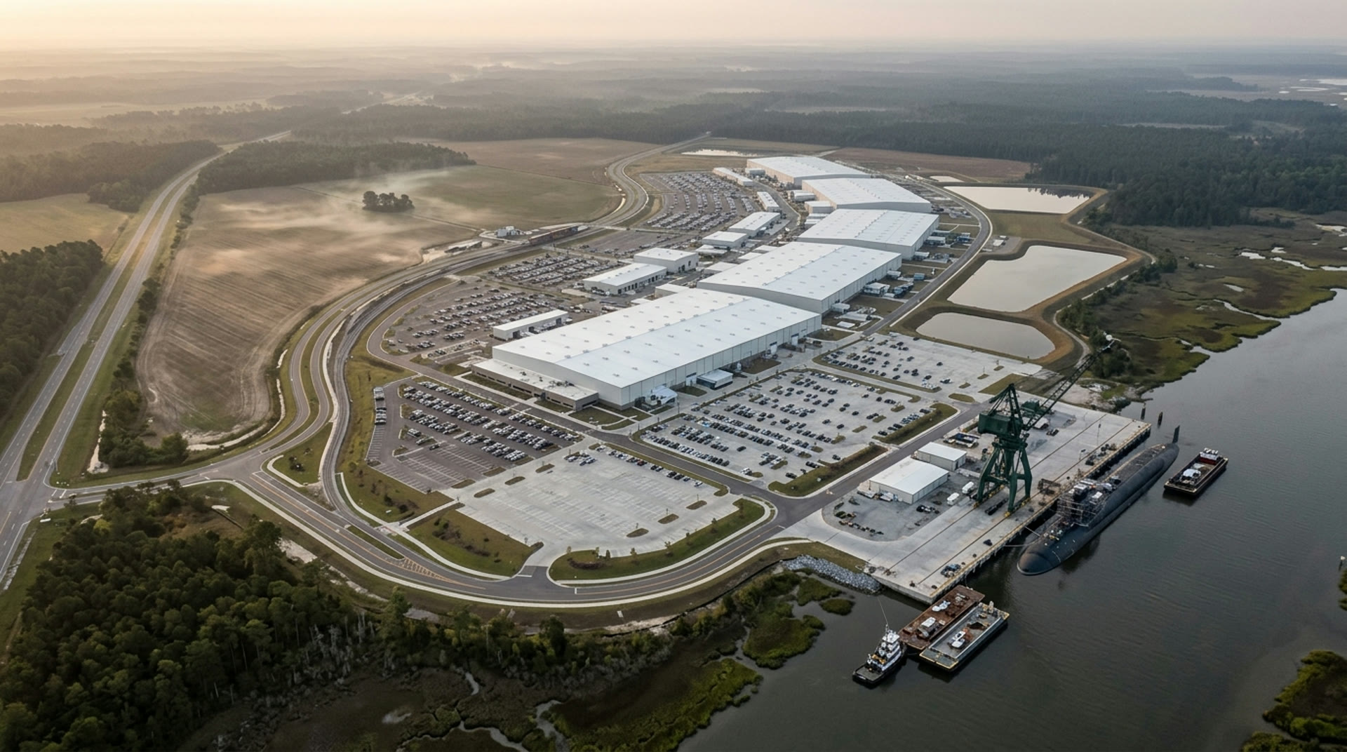 Concept rendering of the outfitting quay at FORGE-1: a LEVIATHAN extra-large uncrewed undersea vehicle on the shiplift platform alongside 1,850 feet of bulkhead, with the Savannah River channel beyond.